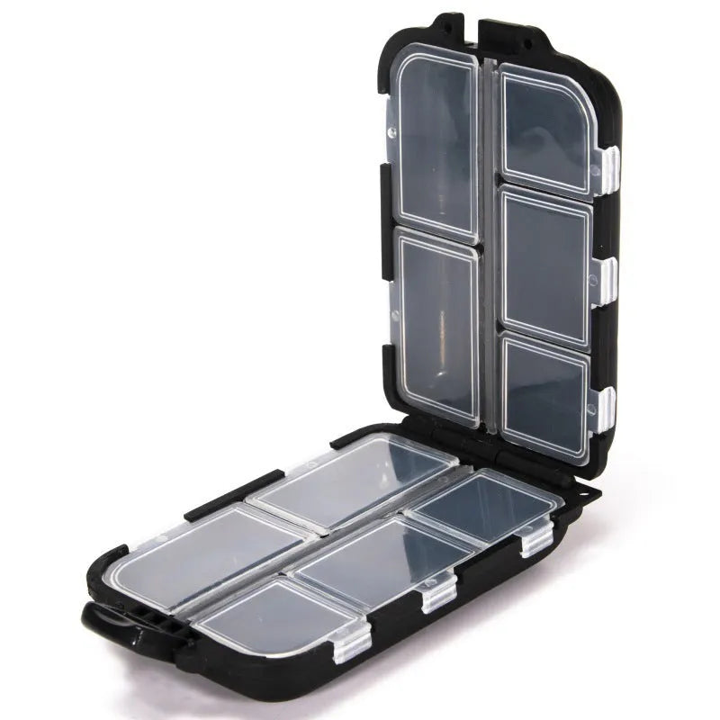 Small green plastic fishing tackle storage box with ten internal grid compartments, shown open.