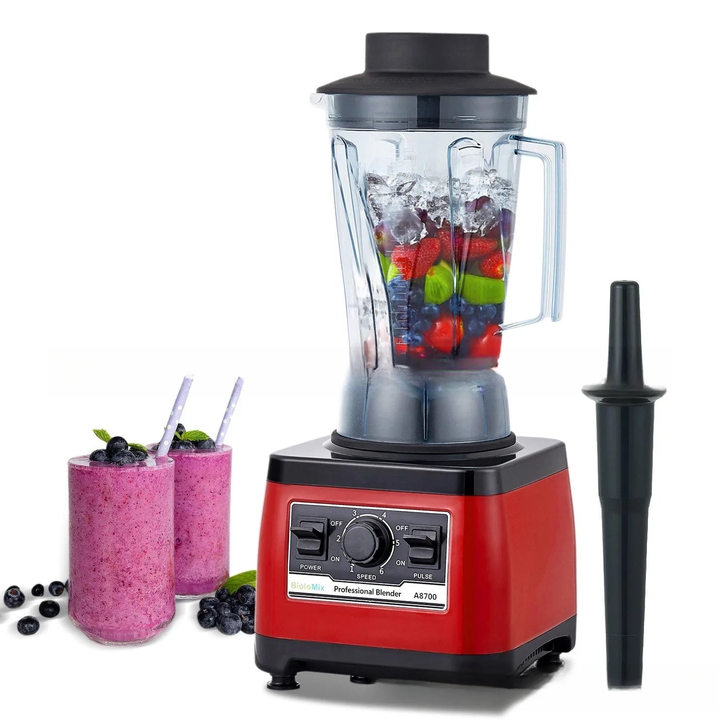 Red commercial blender with 2200W motor and 2-litre capacity jug, industrial style design
