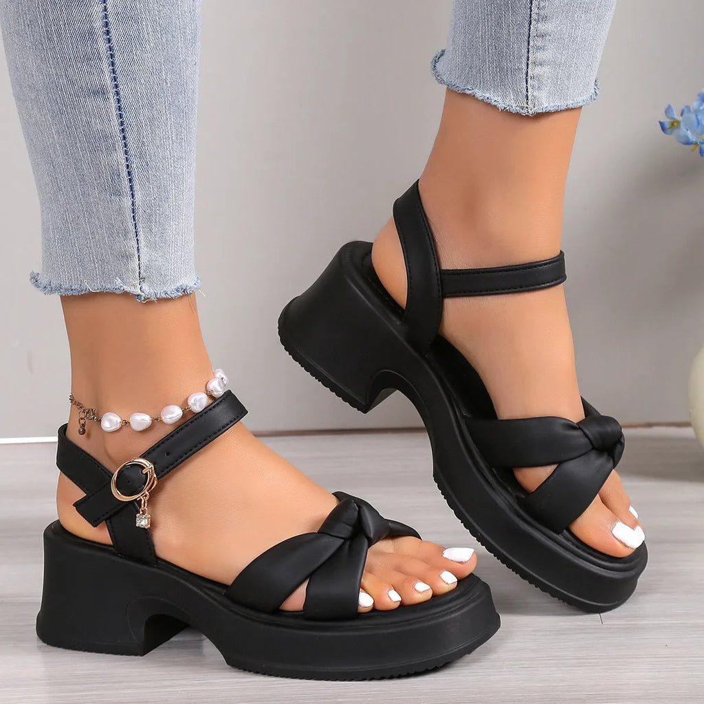 Thick heel black with skirt thick bottom high heel slippers for women, button closure, PU upper, round head, romantic style