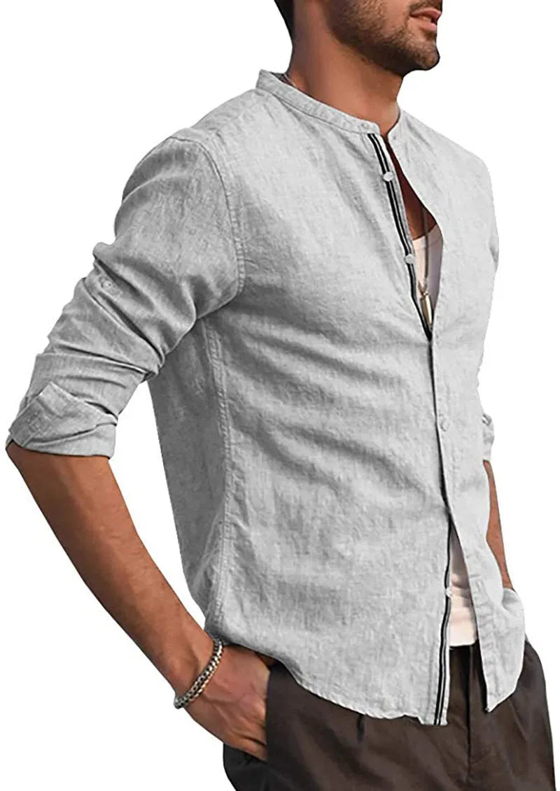 European and American summer casual plain long-sleeved cardigan in hemp blend fabric, loose fit, standing collar, available in multiple colours and sizes
