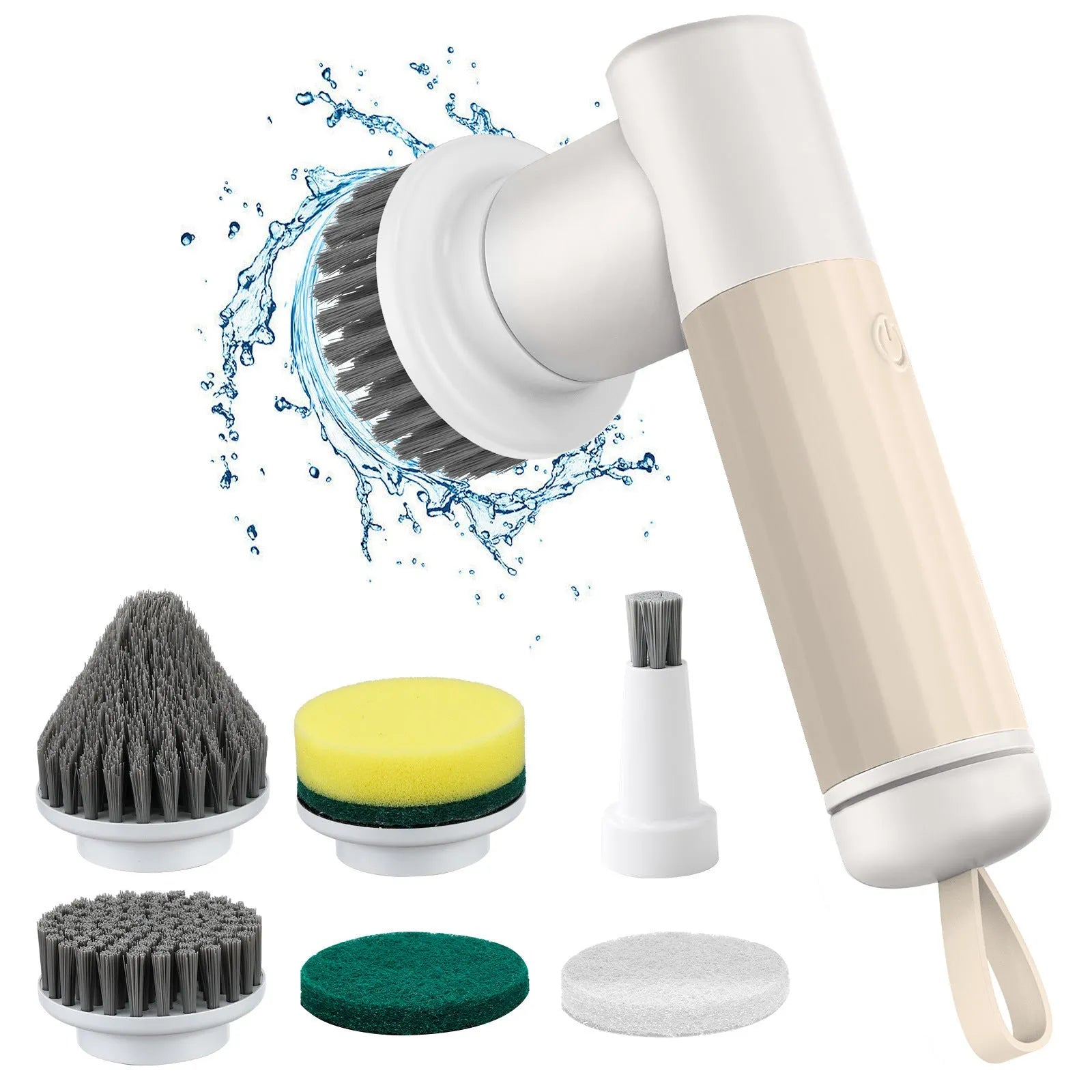 Electric cleaning brush with 6 brush heads in white and warm colour for bathroom and kitchen use