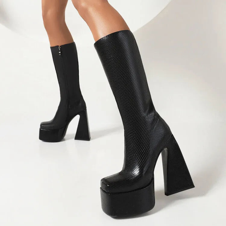 Women's black casual high boots made of synthetic PU leather, shown in a side view.