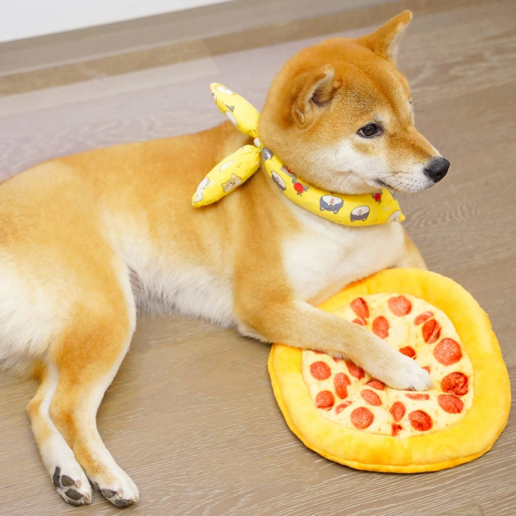 Yellow pizza slice dog chewing toy with squeaker for small to medium dogs