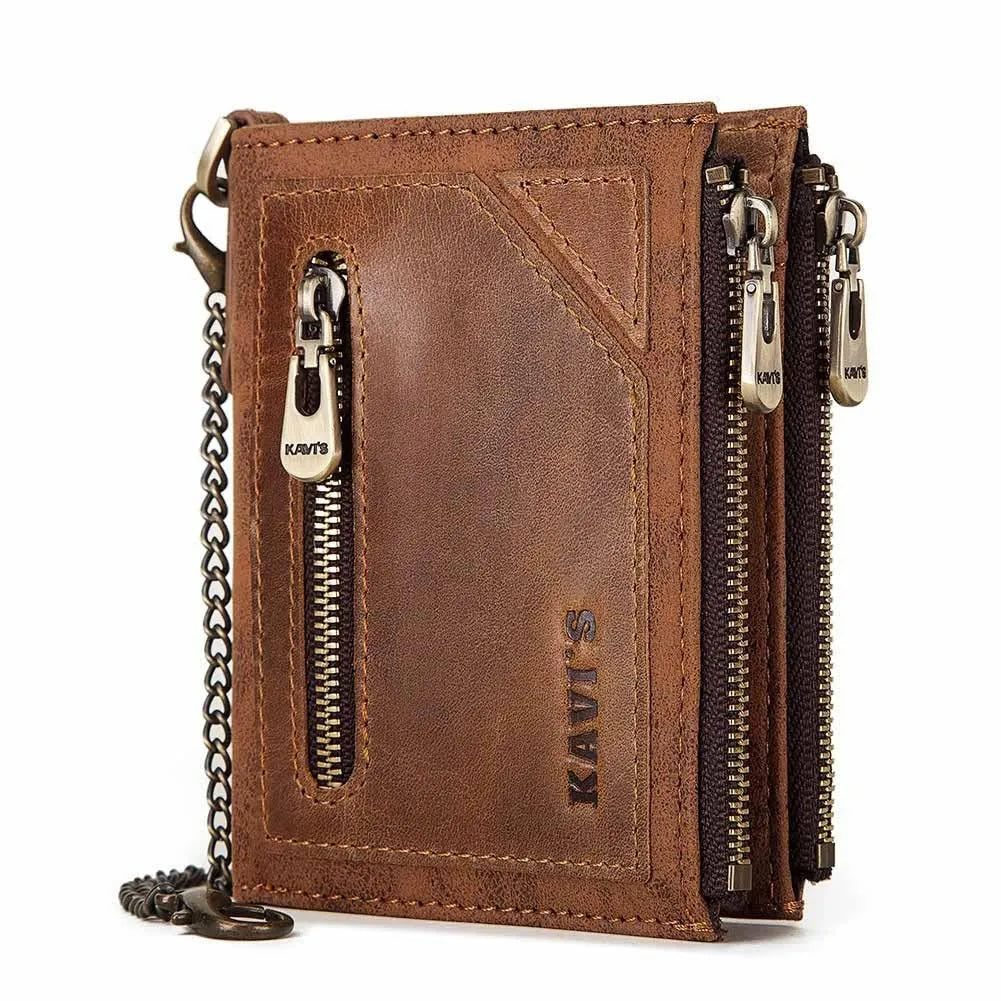 Dark brown men's RFID anti-theft leather wallet with security chain and letter pattern detailing