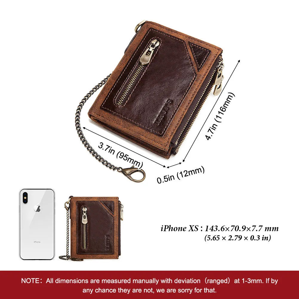 Dark brown men's RFID anti-theft leather wallet with security chain and letter pattern detailing