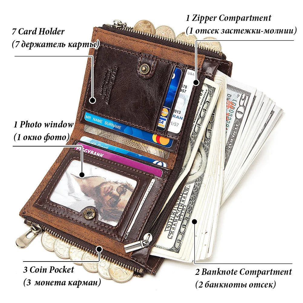 Dark brown men's RFID anti-theft leather wallet with security chain and letter pattern detailing