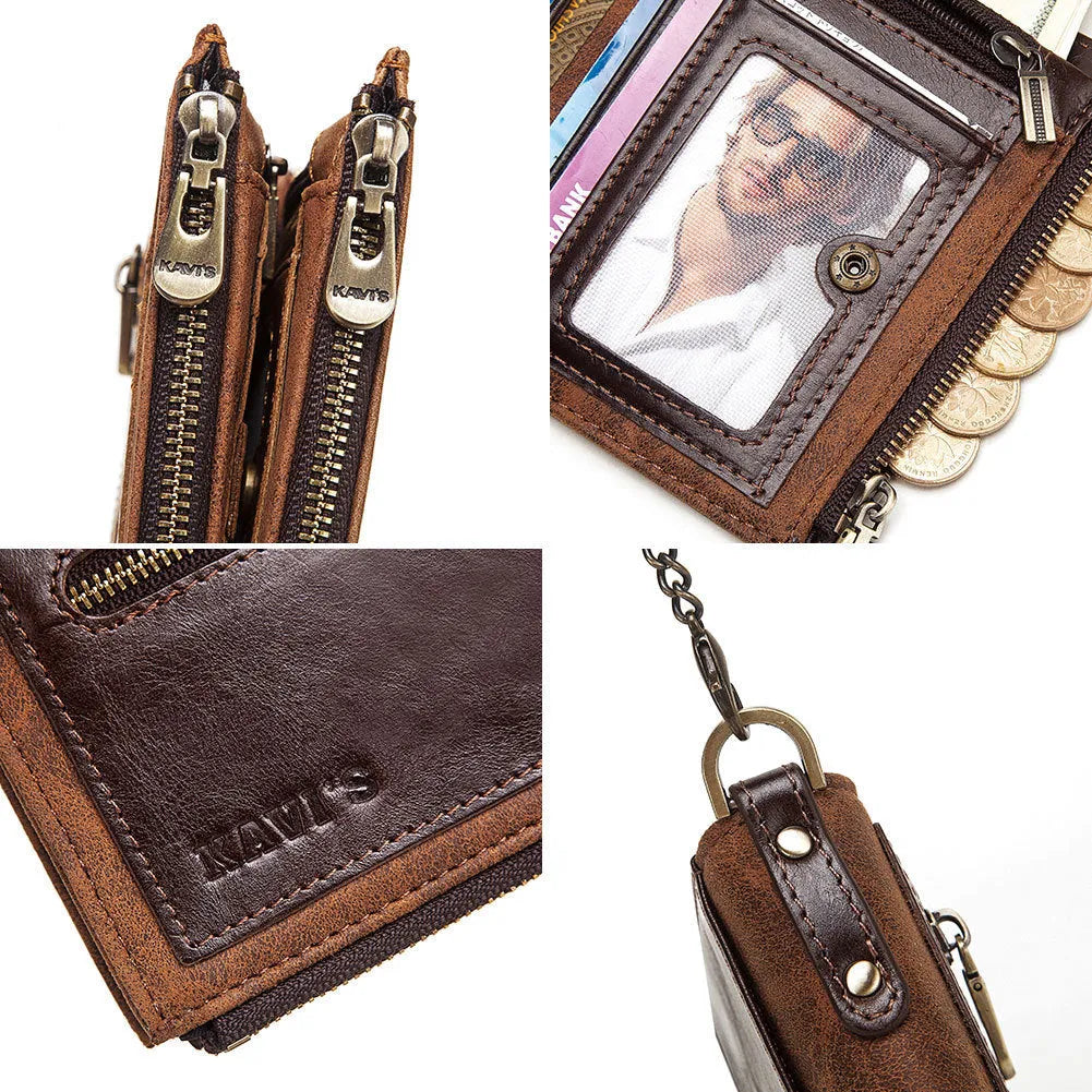 Dark brown men's RFID anti-theft leather wallet with security chain and letter pattern detailing