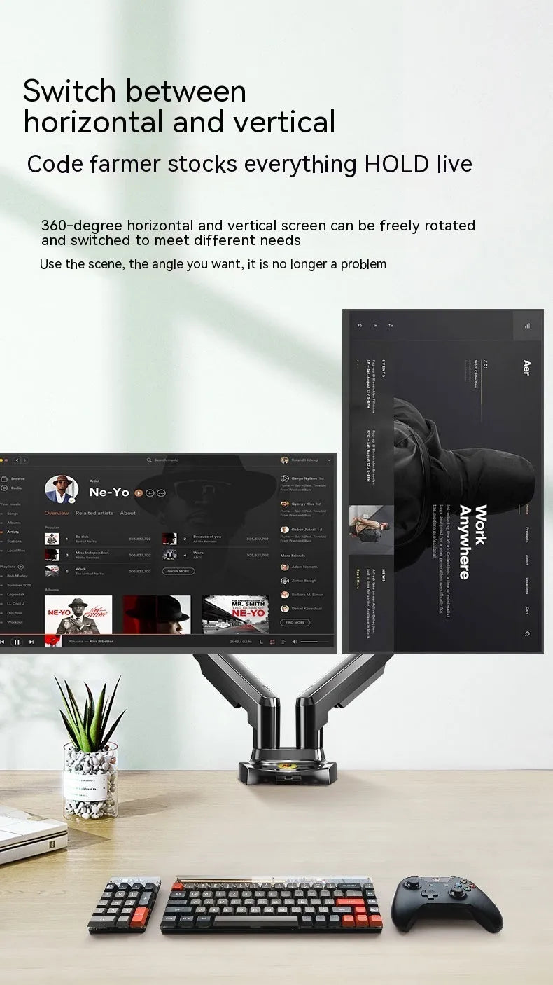 Dual screen monitor bracket in lifting style, made from aluminium and black ABS plastic.