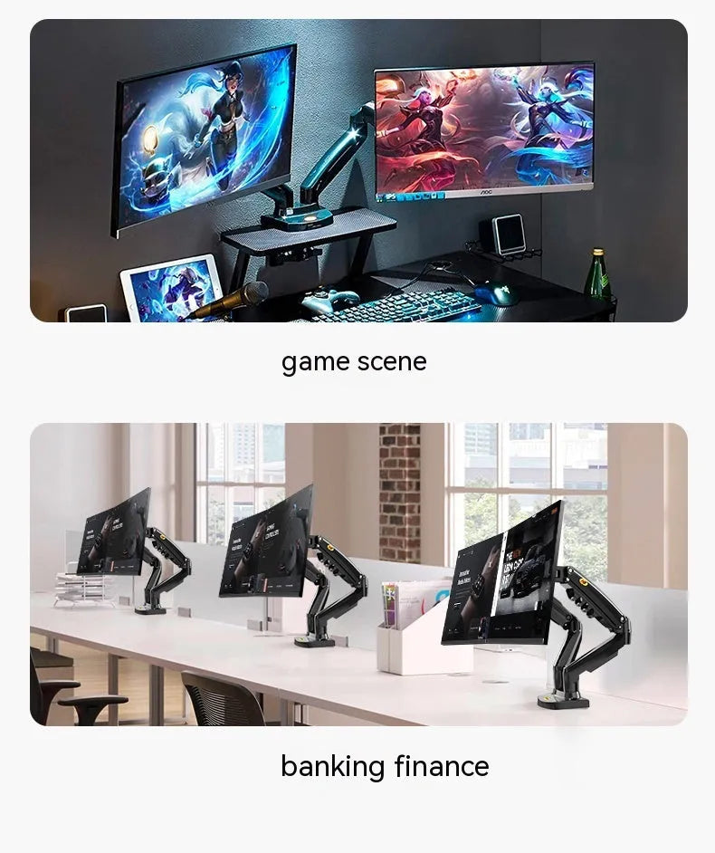 Dual screen monitor bracket in lifting style, made from aluminium and black ABS plastic.
