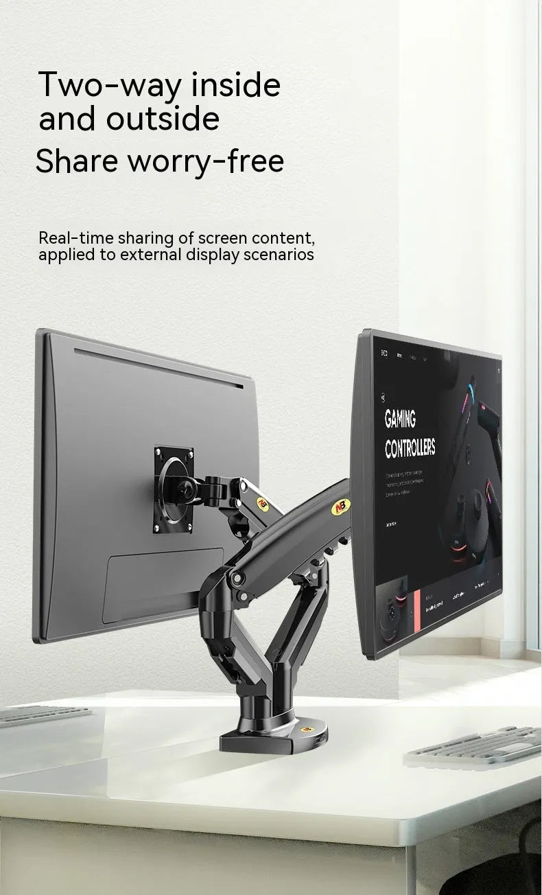 Dual screen monitor bracket in lifting style, made from aluminium and black ABS plastic.