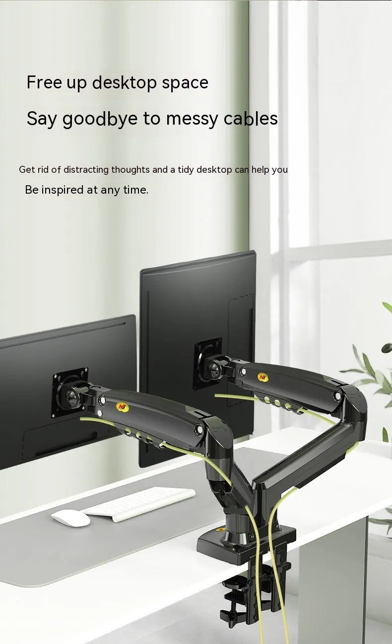 Dual screen monitor bracket in lifting style, made from aluminium and black ABS plastic.