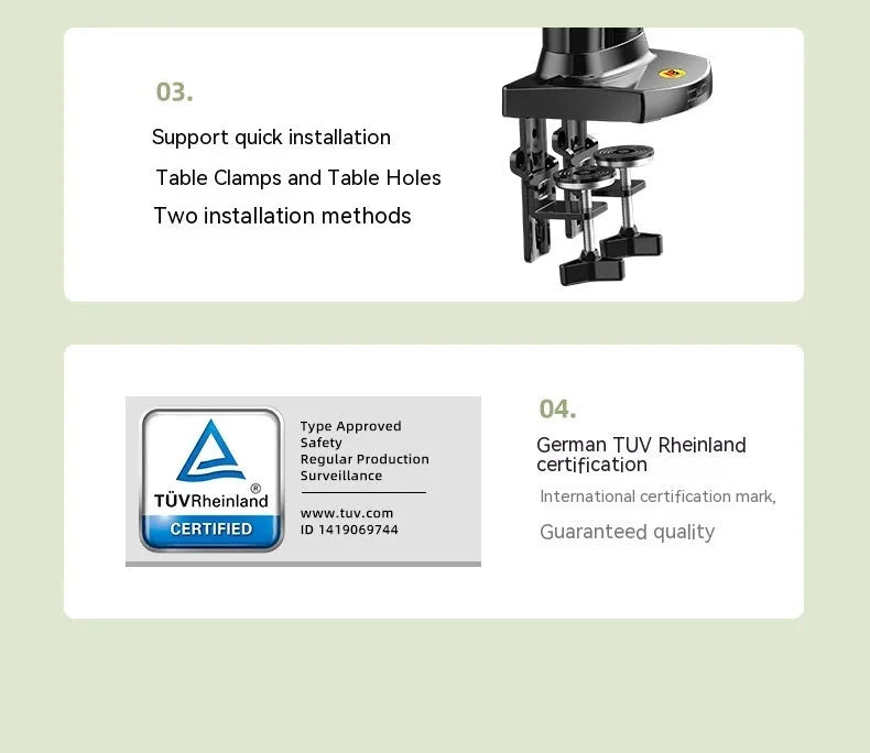 Dual screen monitor bracket in lifting style, made from aluminium and black ABS plastic.