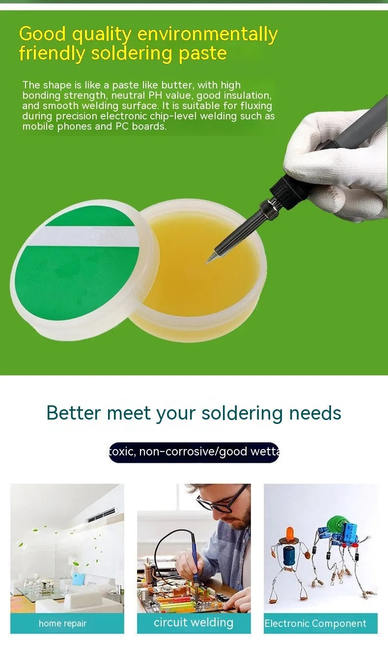 High purity rosin soldering flux paste in a sealed plastic pot for electric soldering iron use
