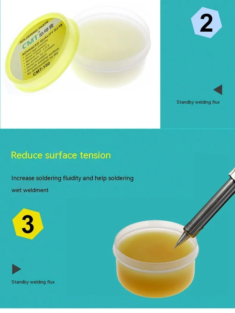 High purity rosin soldering flux paste in a sealed plastic pot for electric soldering iron use