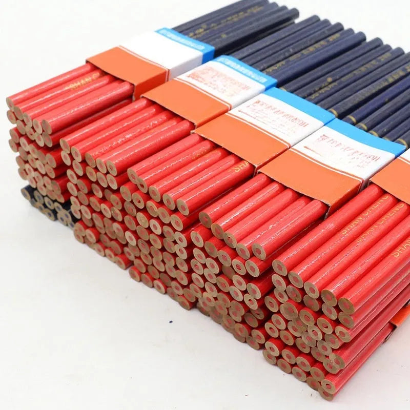 Red and blue carpenter pencils in wooden casing, 10-piece set for woodworking and construction marking