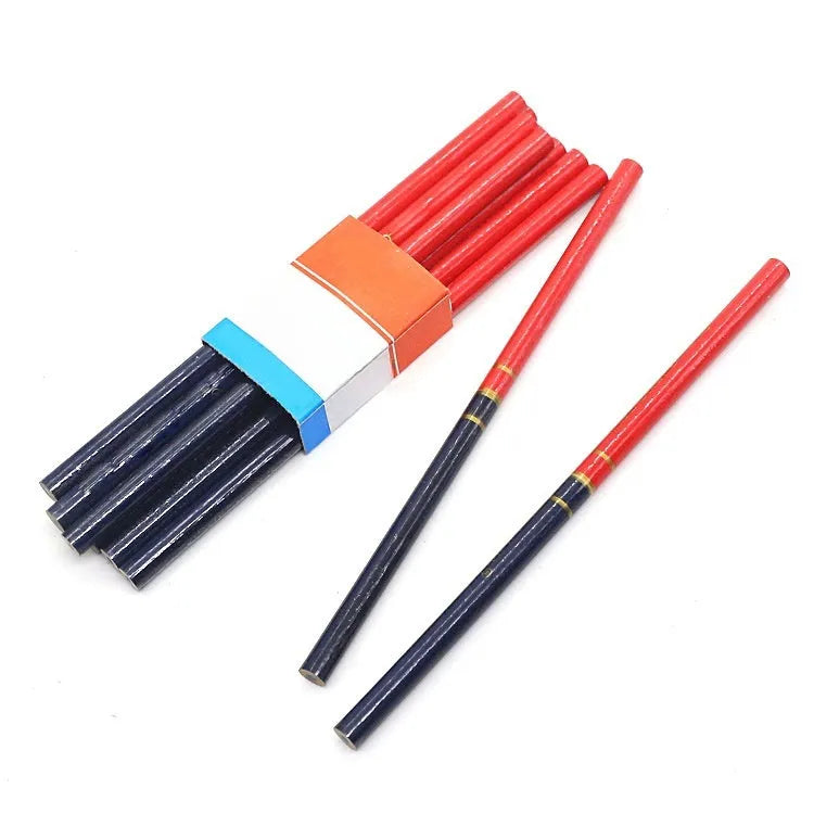 Red and blue carpenter pencils in wooden casing, 10-piece set for woodworking and construction marking