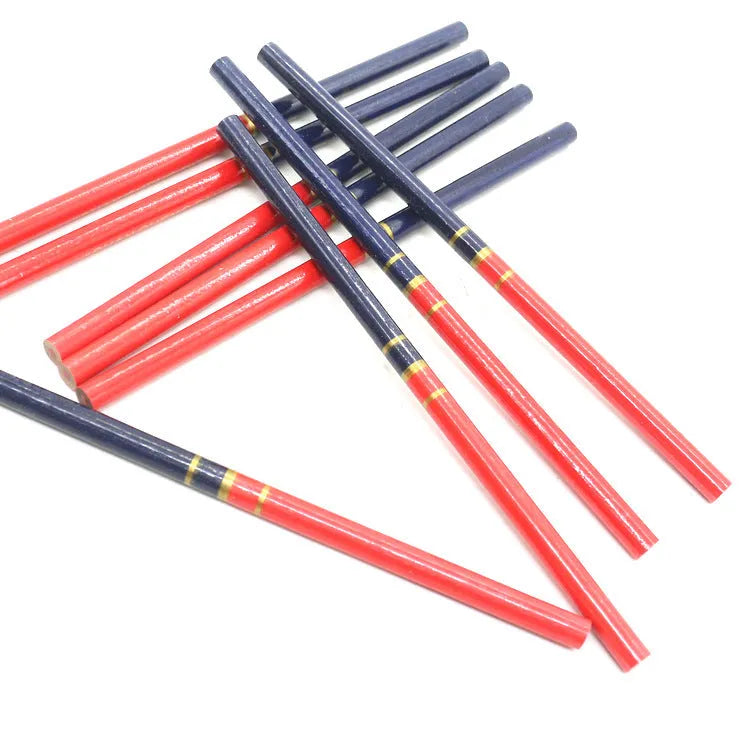 Red and blue carpenter pencils in wooden casing, 10-piece set for woodworking and construction marking