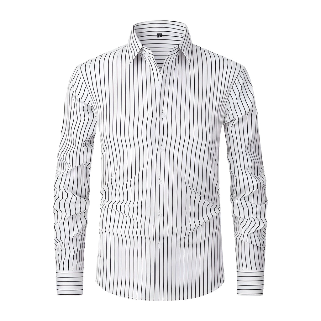 Men's slim fit striped business shirt with long sleeves in ice silk polyester blend fabric
