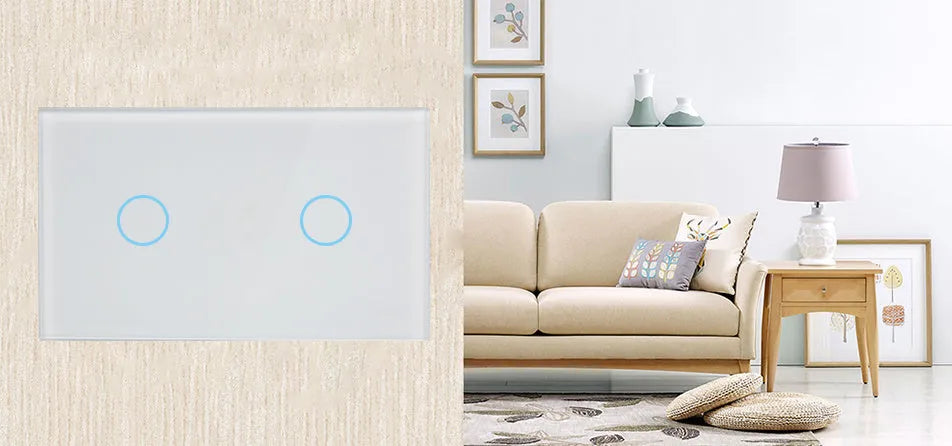 2-gang touch light switch with tempered glass panel and RF remote control in black, white, or gold