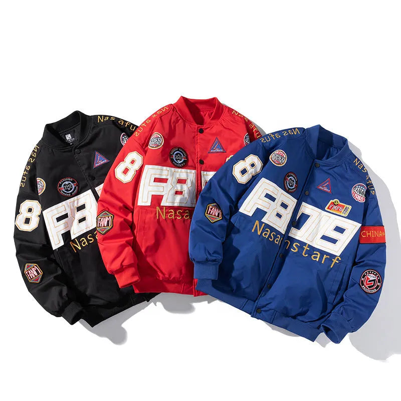 Motorcycle baseball uniform jacket with detachable hood and side seam pockets in black colour