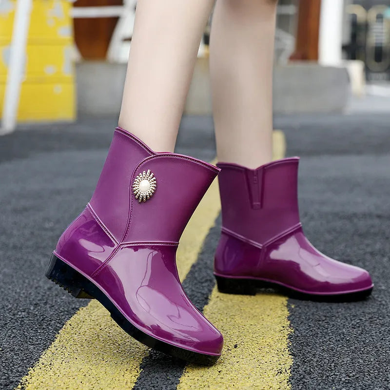 Women's middle tube rain boots with non-slip sole, thickened lining, available in beige black purple sizes 36-40