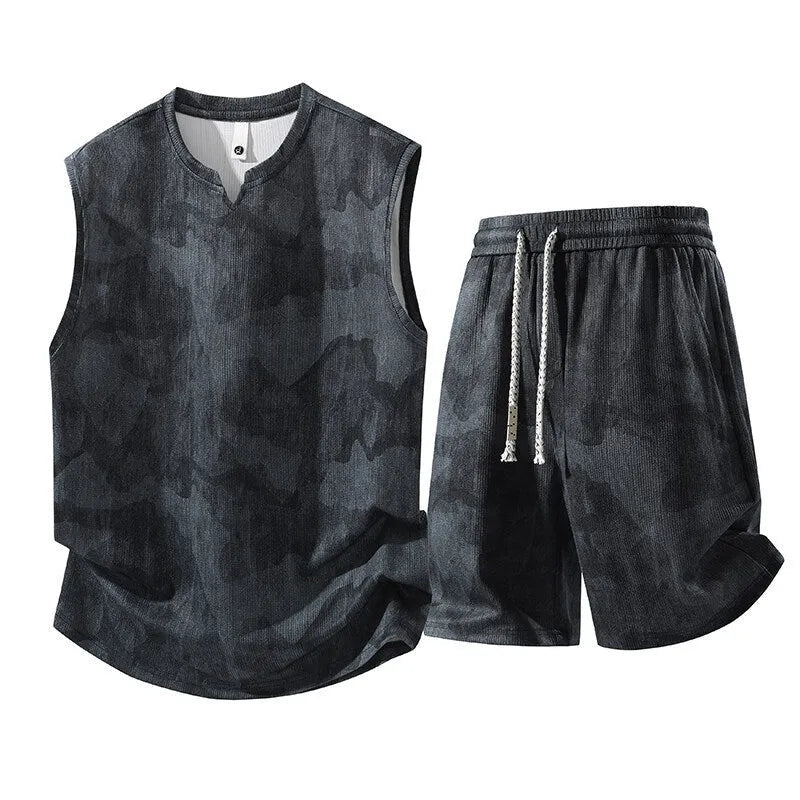 Sleeveless vest suit two-piece set in black blue for plus size women with quick-drying hemp fabric