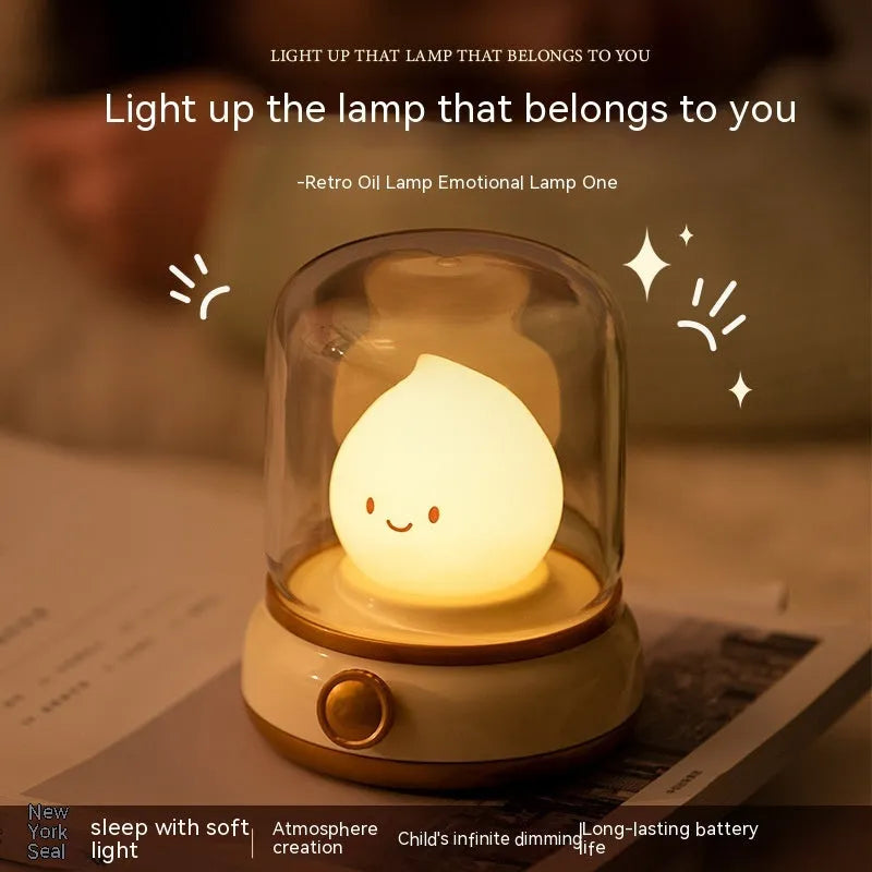 Retro USB rechargeable LED night lamp in green, compact 100x108x124mm, with dimmable knob and candlelight mode