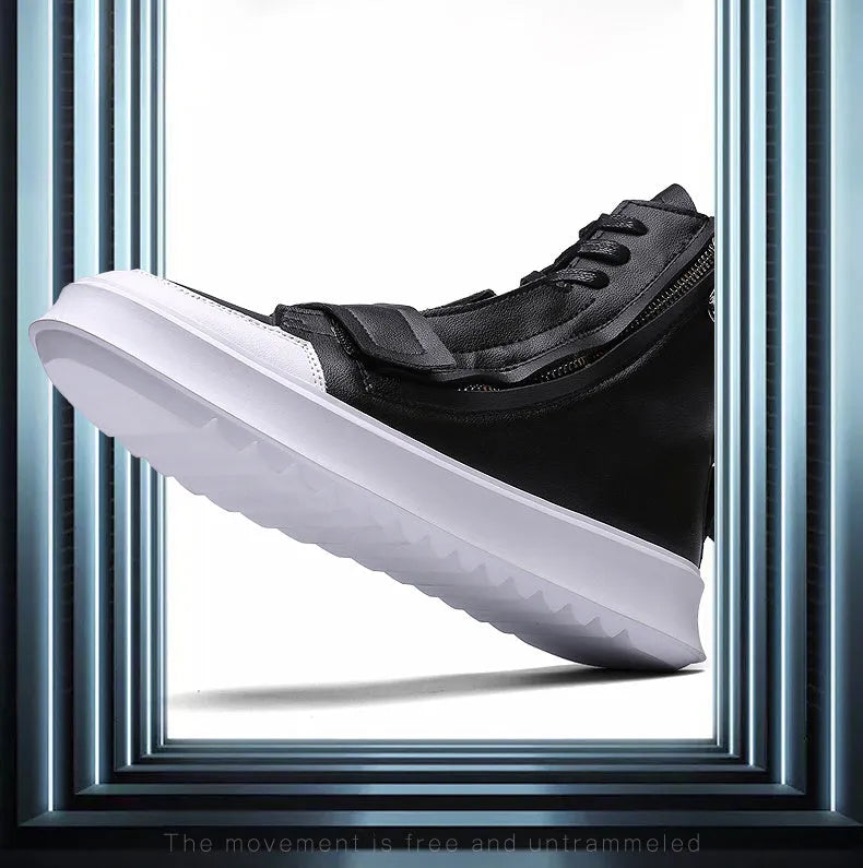Men's black and white PU leather winter ankle boots in high-top sneakers style with microfiber construction