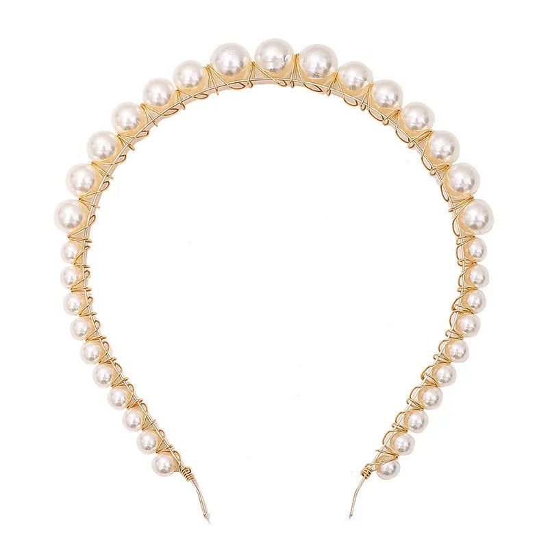 Thin pearl headband with imitation pearl and metal, 14cm length, three colour options on light background