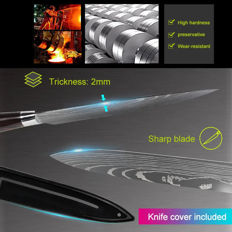 7CR17 stainless steel chef knife with laser Damascus pattern, 18cm blade and colour steel handle