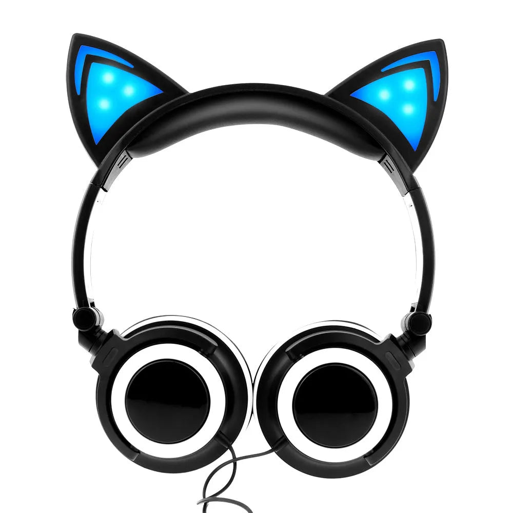 LED light up cat ear headphones in multiple colours showing illuminated ears and cushions