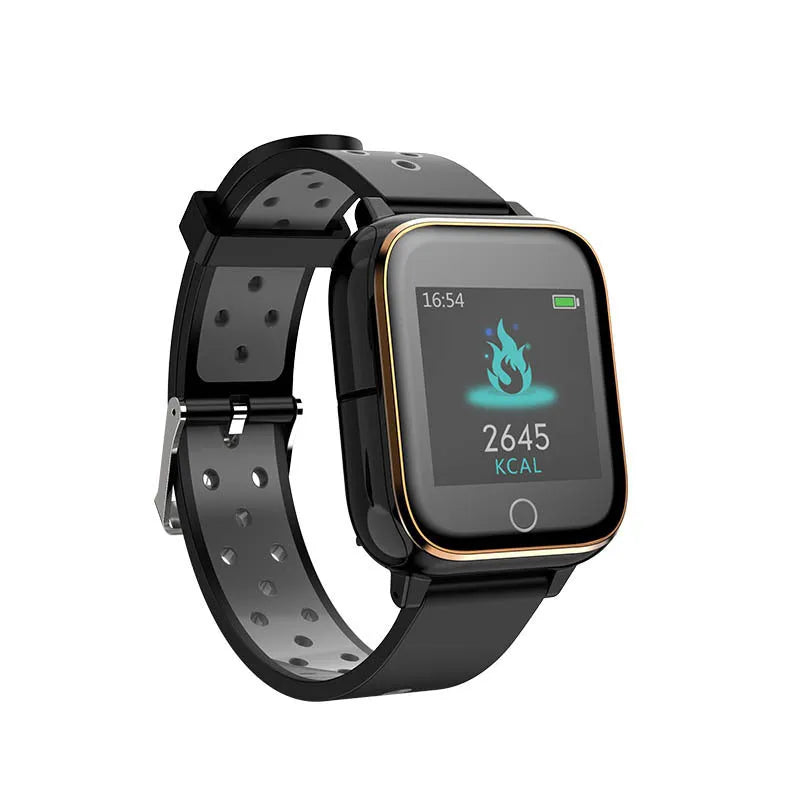 Black smart watch with built-in Bluetooth earbuds stored in the watch case on a wrist