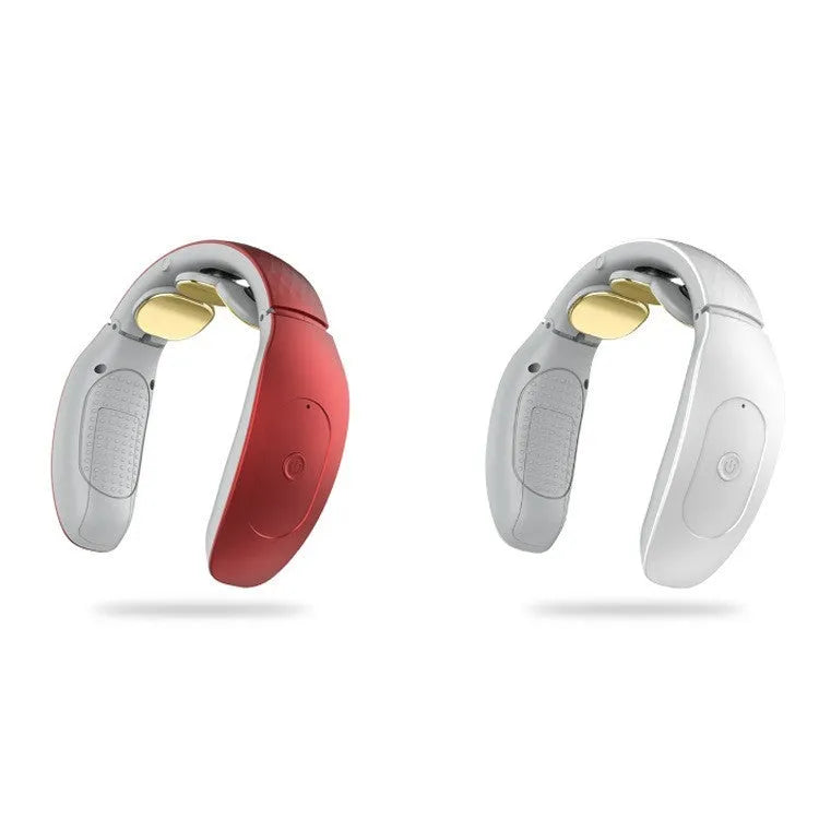 Small portable red and white intelligent cervical massager device on table.