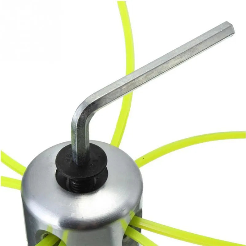 Silver aluminium lawn mower trimmer head replacement kit with four light yellow grass strings and fitting wrench