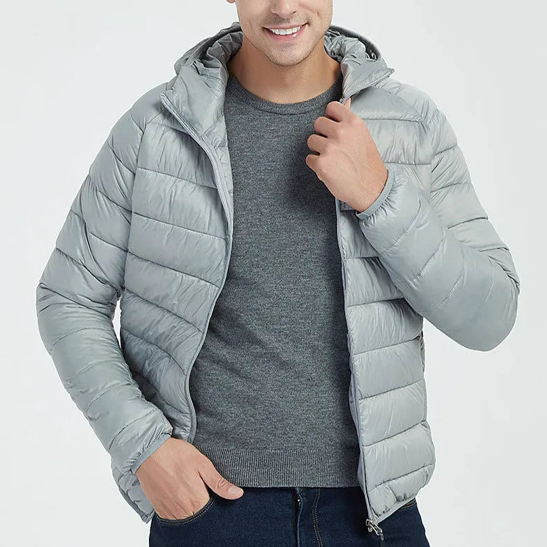 Men's lightweight hooded coat in solid colour with zipper closure, nylon outer, available in multiple colours