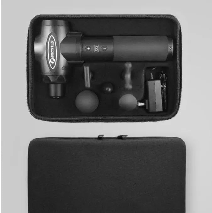 Black handheld muscle massage gun with adjustable speed settings on white background