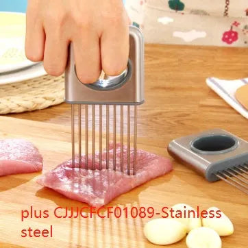 Stainless steel garlic press and onion fork kitchen bundle with PP handles on a table