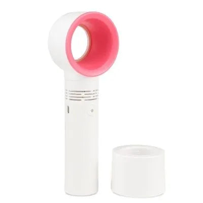 Portable bladeless fan in white with USB charging cable, base, and three speed settings