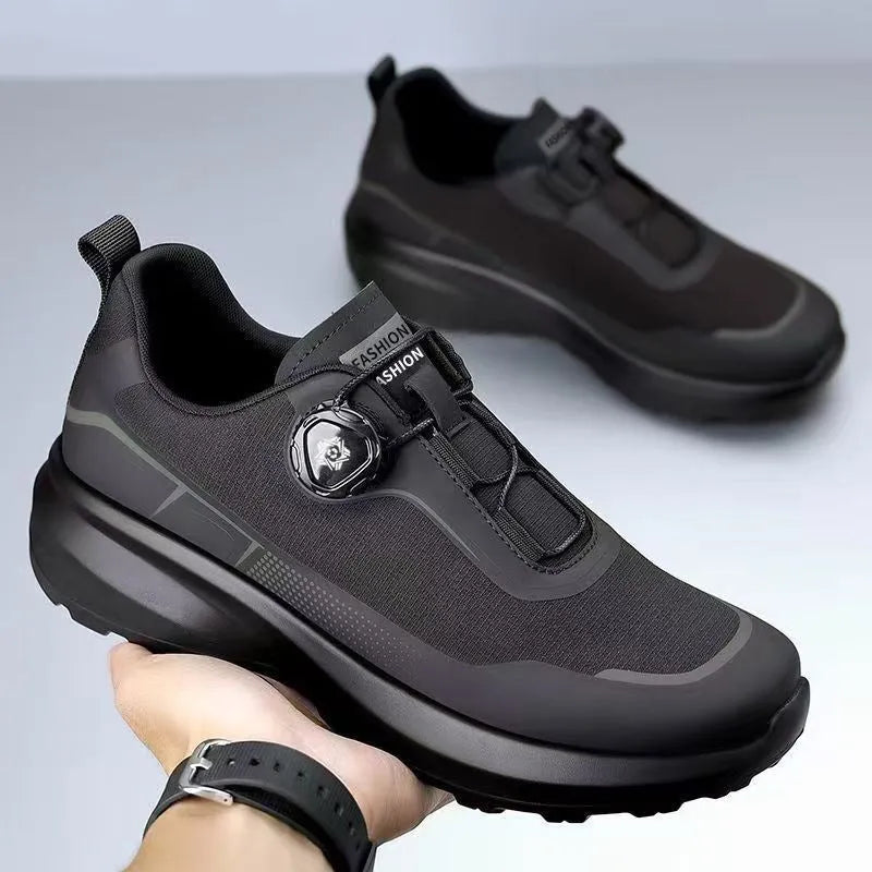 Thick bottom rotating button casual sneaker for men in black with cloth upper and platform sole