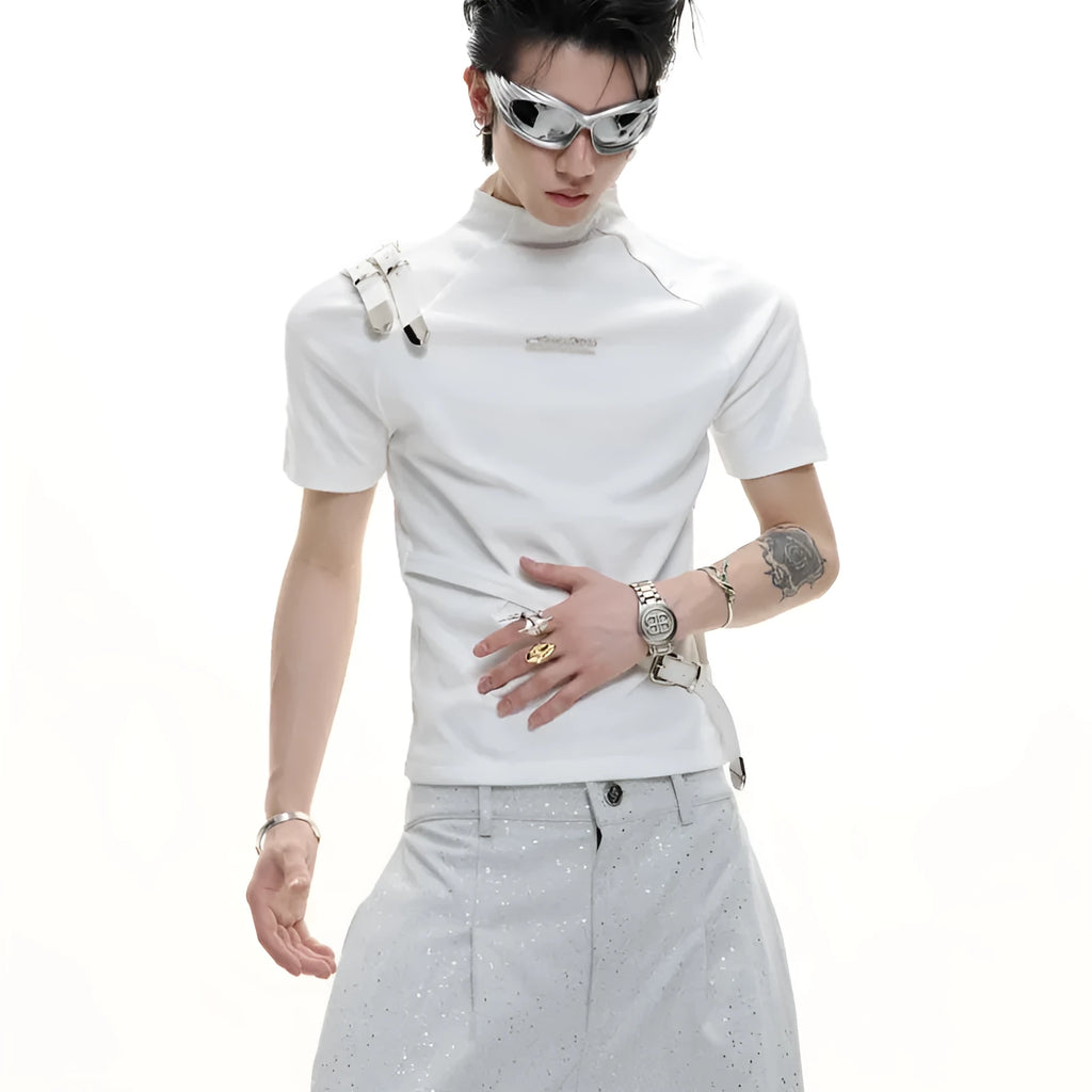Men's black cotton t-shirt with stand-up collar featuring metal accessories