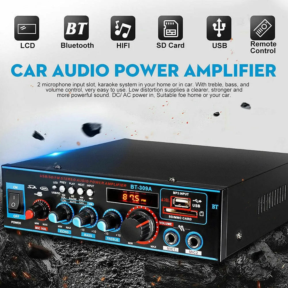 BT-309A-A black dual-purpose power amplifier with remote control for home and car audio