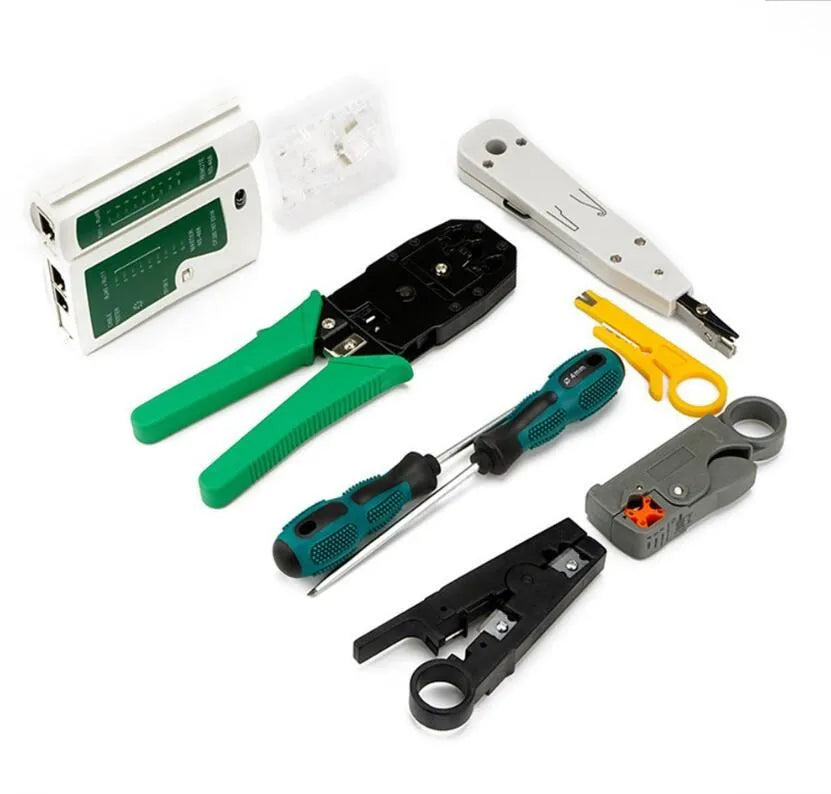 Network toolkit combo set with crimping pliers, tester, wire knives, screwdrivers, and RJ45 heads in tool bag