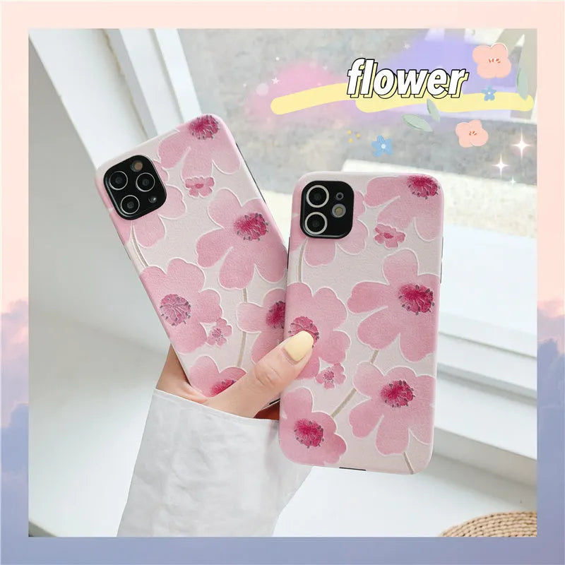 Pink flower phone case soft rubber protective shell with lanyard hole for Apple iPhone 11