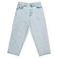 Men's retro printed straight-leg denim trousers in black, dark blue, and light blue, size S to XXL