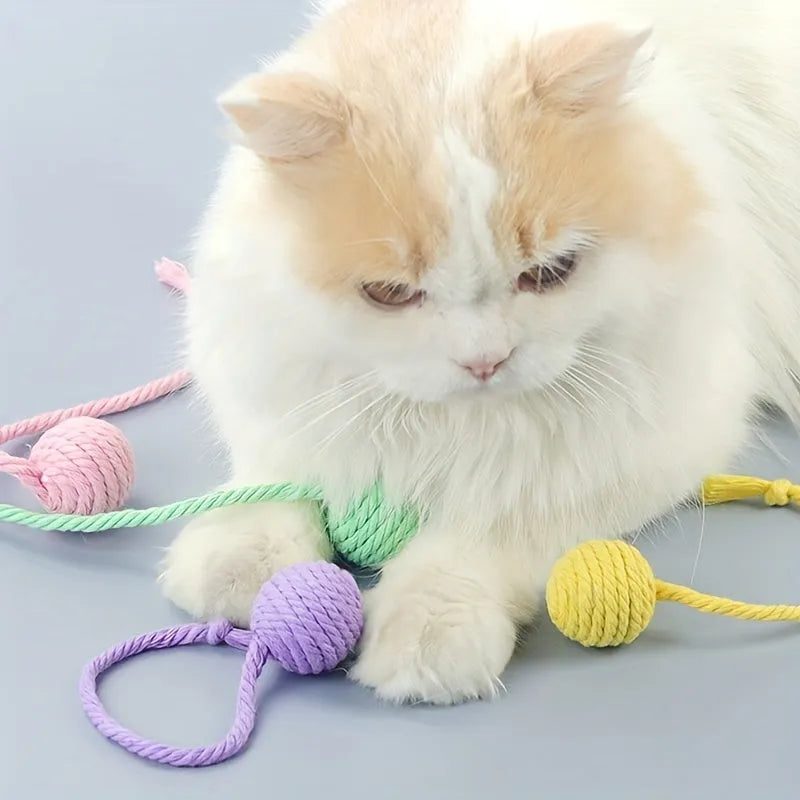 Colourful cat toy ball with attached rope and built-in bell in green, pink, purple, and yellow