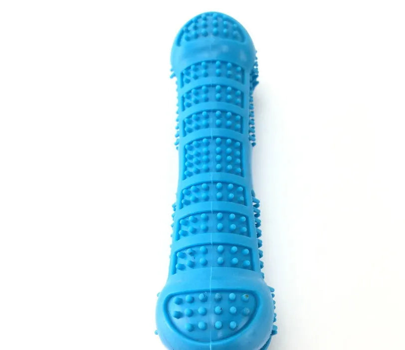 Blue silicone bone-shaped dog toothbrush with 360-degree bristles on white background