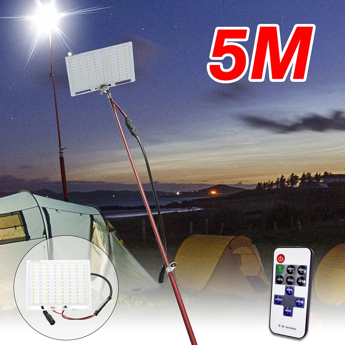 White LED fishing rod light with telescopic pole and remote controller for outdoor illumination