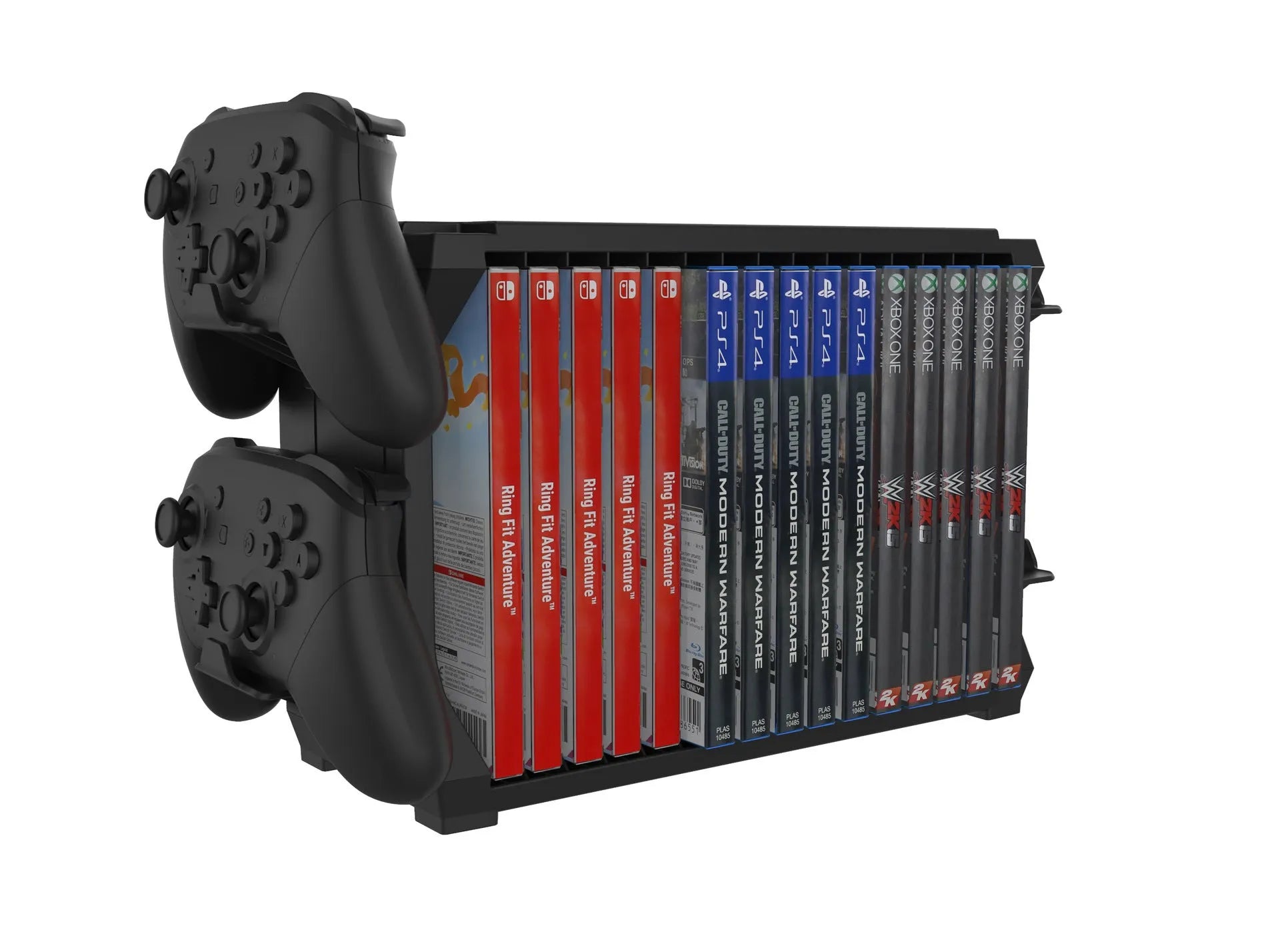 Black PS5 and Xbox Series X disc holder with game cartridge slots and controller stand