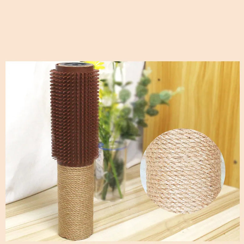 A brown sisal rope cat scratching post standing 30cm tall on a wooden base.