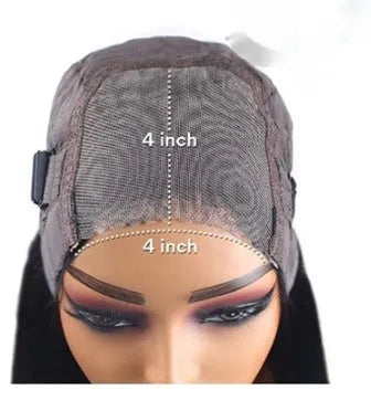 Long straight human hair glueless wig with side bangs, shown in natural style.